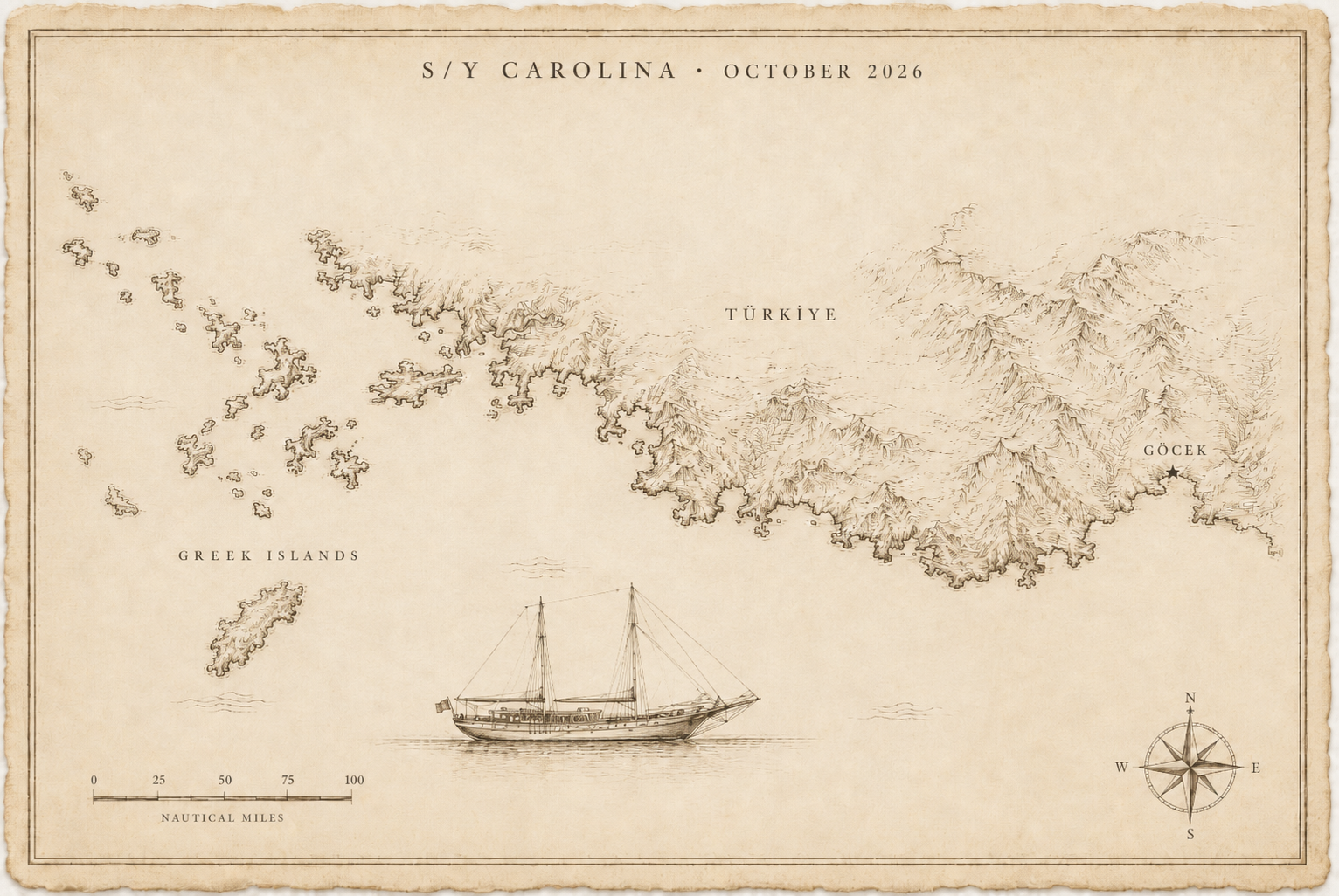 A hand-drawn chart of the route — Göcek east to Kastellorizo and west to Rhodes and Symi, with the Lycian coast and the Aegean Sea