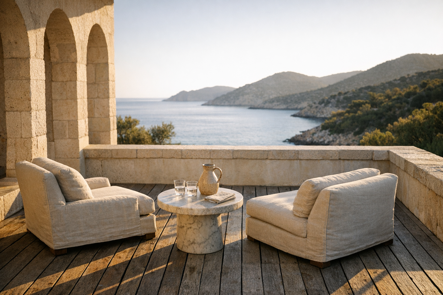 The terrace of a five-star Mediterranean hotel at golden hour — pale limestone arches, linen armchairs, a quiet bay opening below