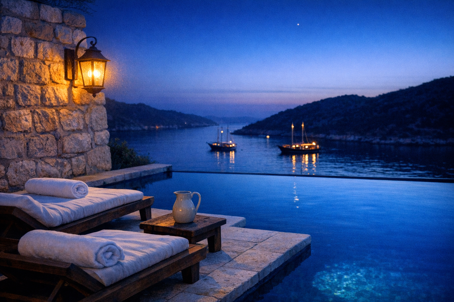 An infinity pool at a five-star Mediterranean hotel at twilight, with the silhouettes of distant gulets at anchor