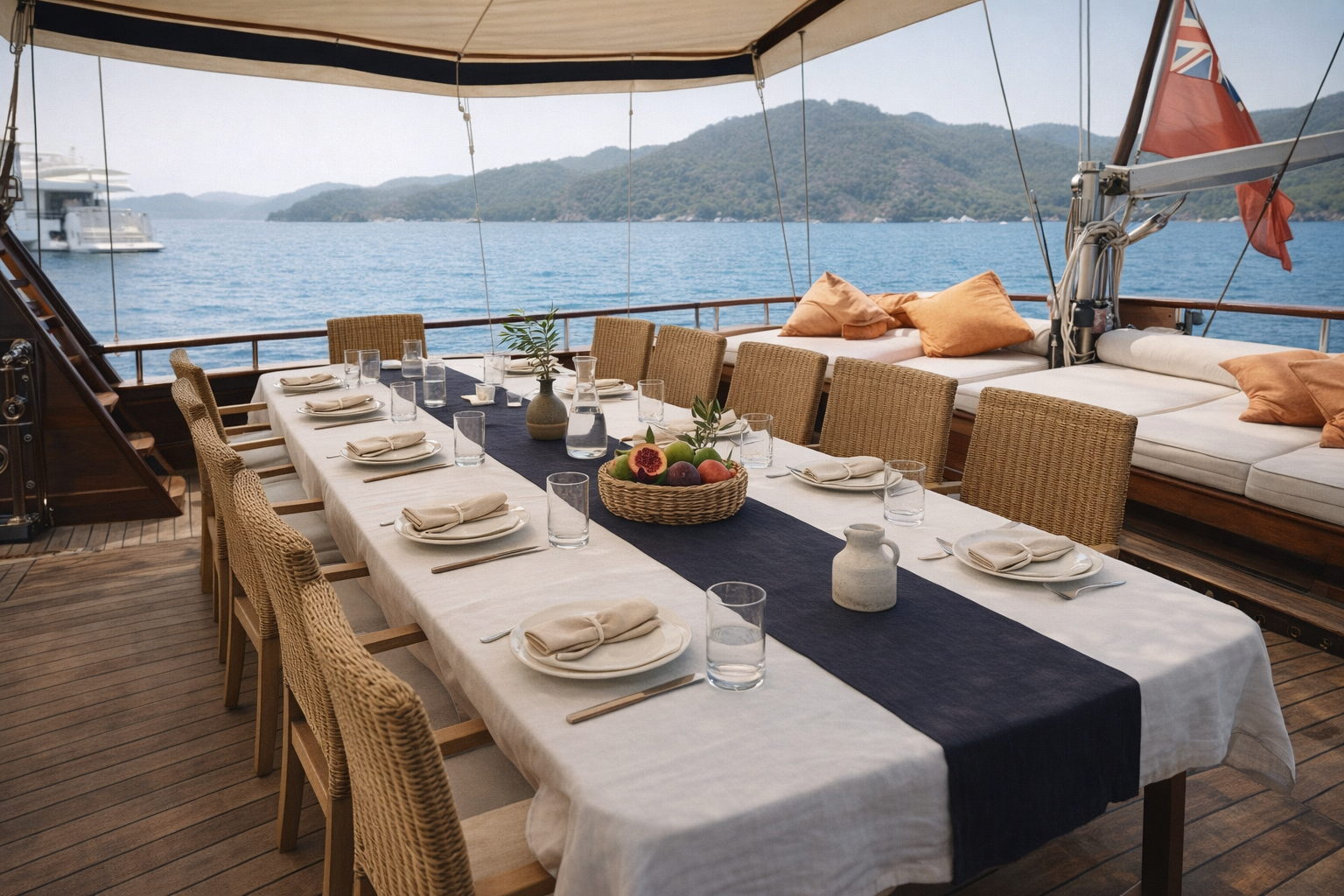 The aft-deck dining table of S/Y Carolina, set under the canvas awning, the bay opening behind it